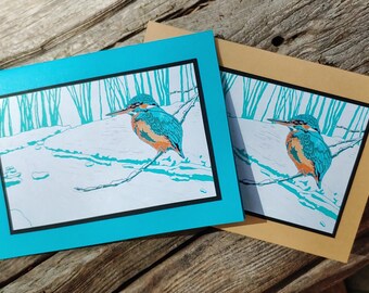 5 Handmade Kingfisher in Winter Cards (Brown or Turquoise)