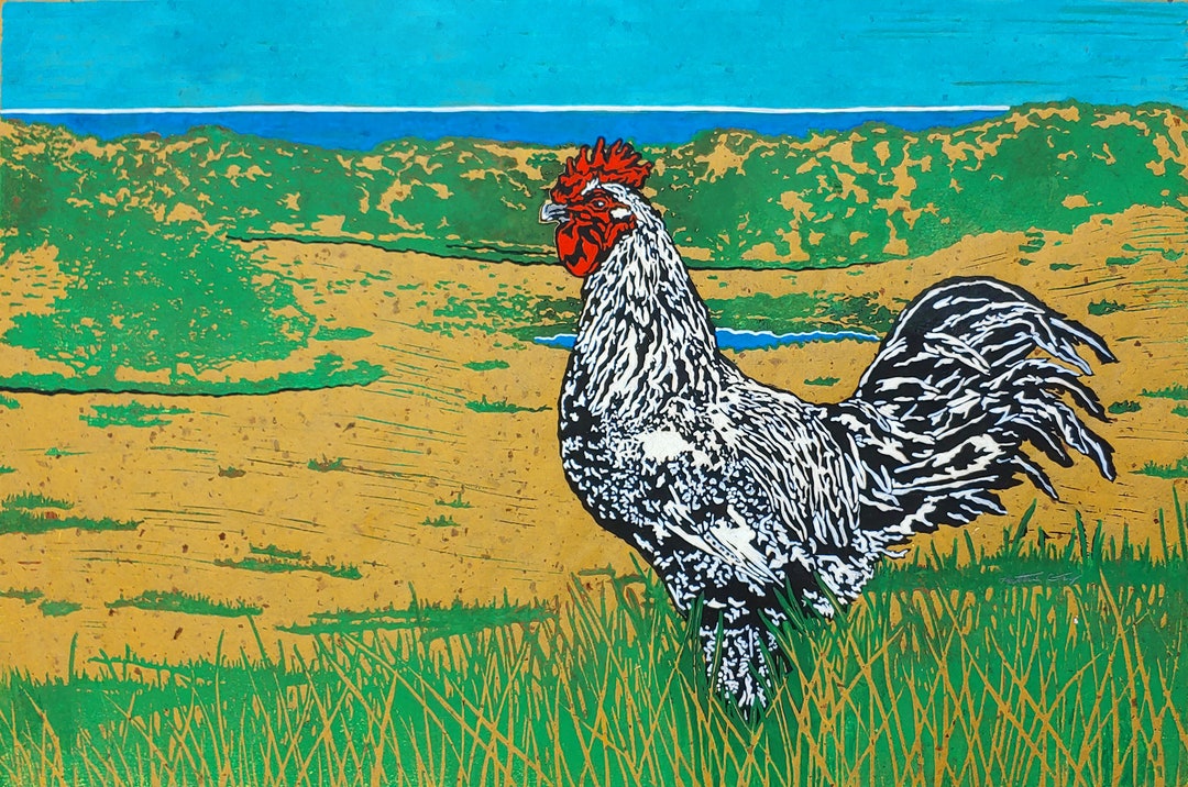 Rooster Original Linocut multiple Colors Available Etsy