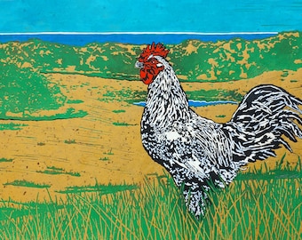Rooster - Original Linocut (Multiple Colors Available)