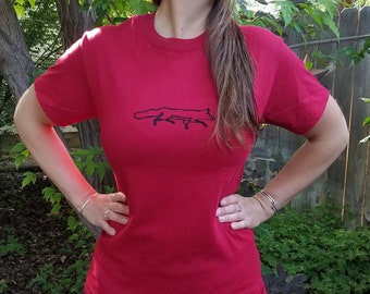 Hand-Printed Linocut Running Fox T-Shirt in Red Unisex Adult Sizes