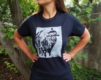Hand-Printed Linocut Bison T-Shirt in Black Unisex Adult Sizes