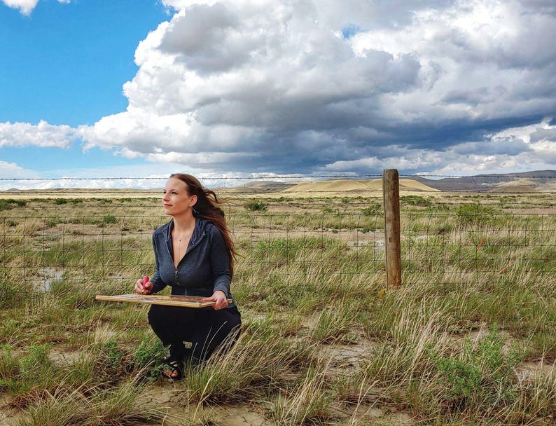 May include: A person kneels in a field, holding a wooden board and a red object. The scene is set against a backdrop of a cloudy sky and a wire fence. The person is wearing a dark blue hooded jacket and black pants.