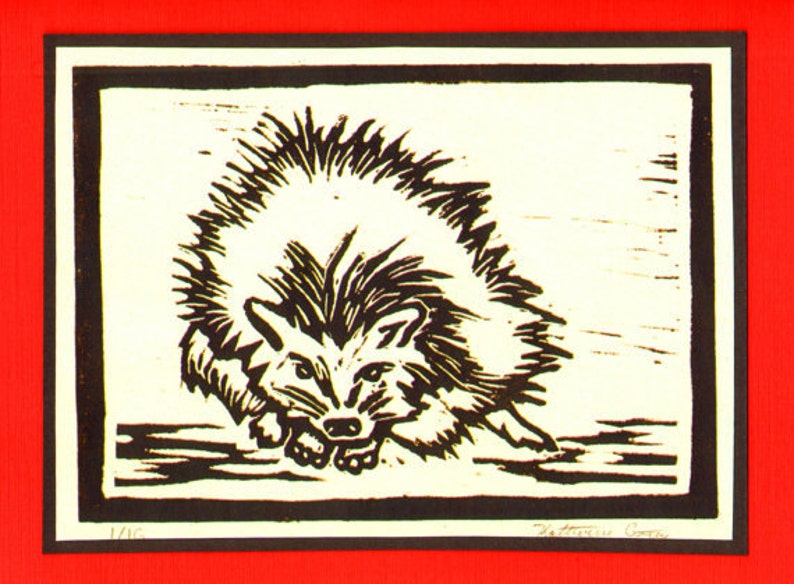 5 Handmade Hedgehog Cards Red or Sage Green image 2