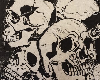 Skulls - Original Linocut  (White, Red or Black)