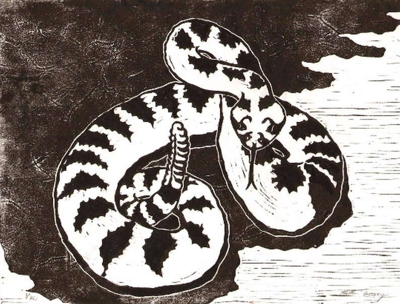 Turquoise or White Rattlesnake Original Linocut