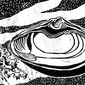 May include: Black and white woodcut print of a clam shell with a detailed, intricate design. The shell is open and the inside is visible. The background is a textured black and white pattern.