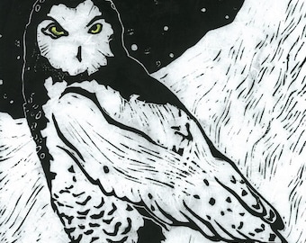 Snowy Owl - Original Linocut (Black or White)