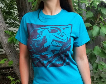 Hand-Printed Linocut Octopus T-Shirt in Turquoise Unisex Adult Sizes