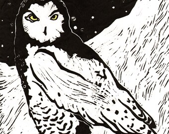 Snowy Owl - Original Linocut (Black or White)
