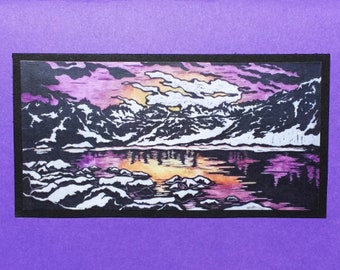 5 Handmade Sawtooth Mountains Cards (Purple or Sage Green)