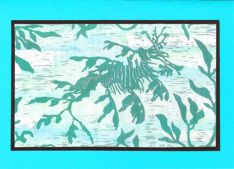 5 Handmade Leafy Sea Dragon Cards Turquoise or Sage Green image 2