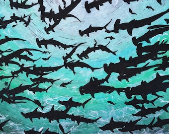 Shiver of Hammerheads  - Original Linocut (Black, Green, or Blue)