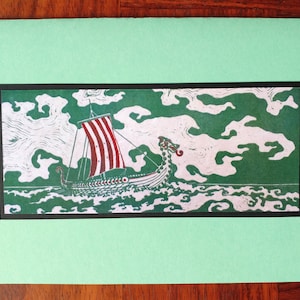 5 Viking Ship Handmade Cards (Red or Sage Green)