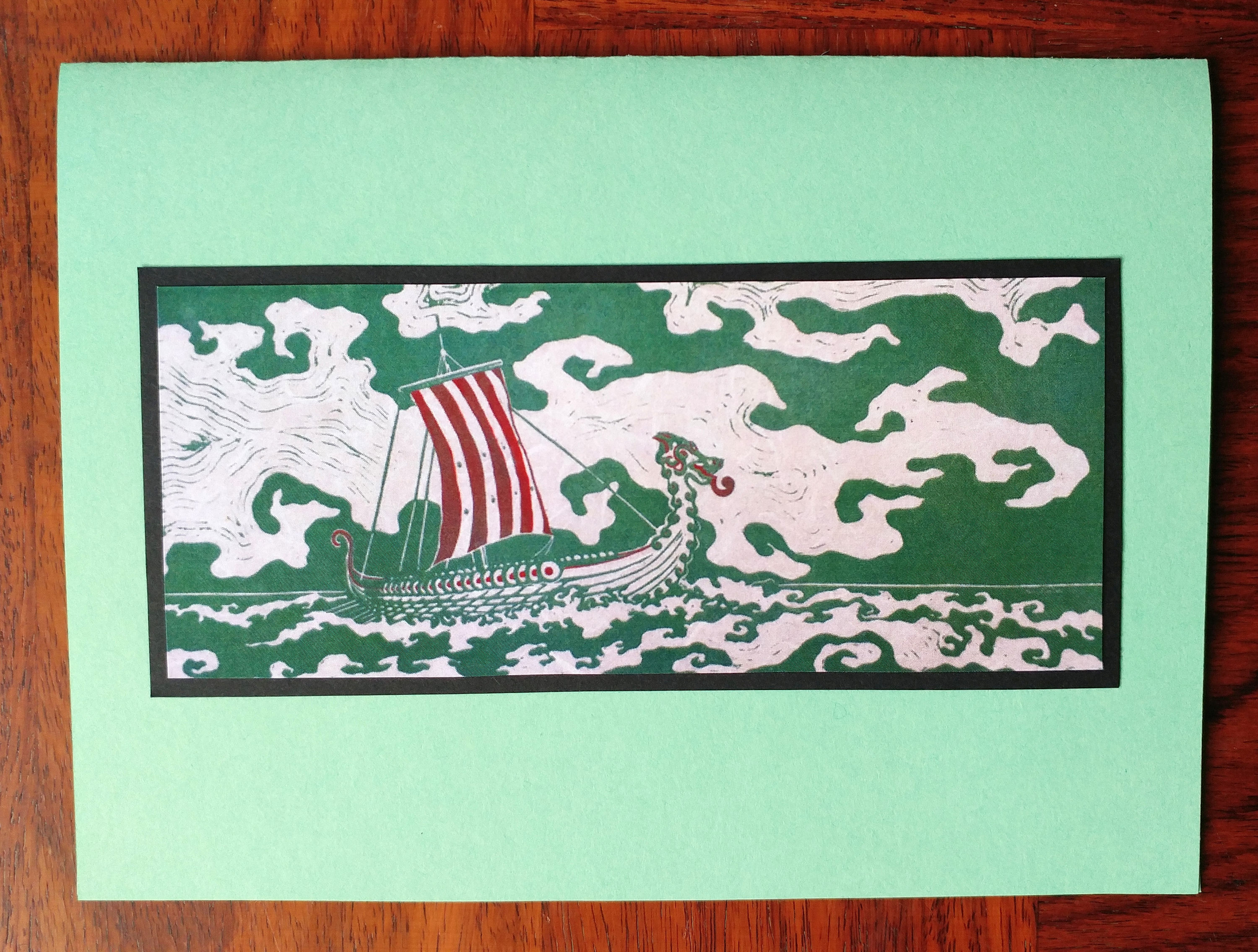5 Viking Ship Handmade Cards (Red or Sage Green)