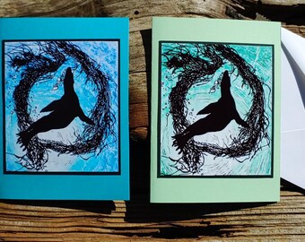 5 Handmade "Sea Lion Silhouette" Cards (Sage Green or Turquoise)