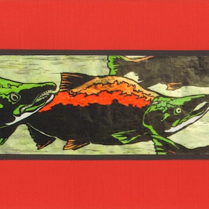 May include: A close-up of a black and green salmon with red and orange markings. The salmon is swimming in a green and white stream. The image is a woodblock print.