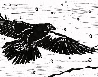 Raven in Snow - Original Linocut  (Multiple Color Options)