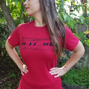 Hand-Printed Linocut Birds on a Wire T-Shirt in Red Unisex Adult Sizes