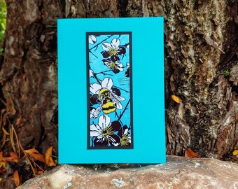 5 Handmade Bumblebee amid the Apple Blossoms Cards (Turquoise, Yellow, White, Brown, or Red )