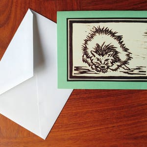 5 Handmade Hedgehog Cards Red or Sage Green image 3