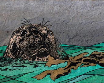 The Stillness before Daybreak: a Seal amongst the Kelp - Original Linocut