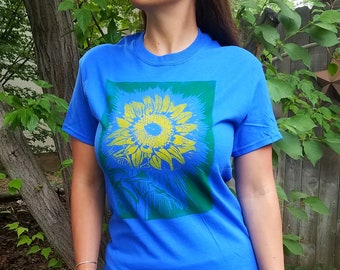 Hand-Printed Linocut Sunflower T-Shirt in Royal Blue Unisex Adult Sizes