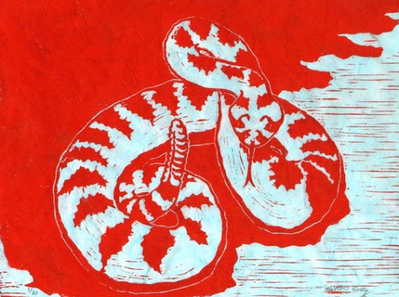 Turquoise or White Rattlesnake Original Linocut