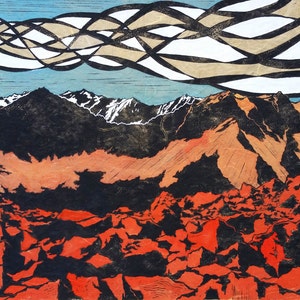 White Cloud Mountains - Original Linocut (Blue or Yellow)