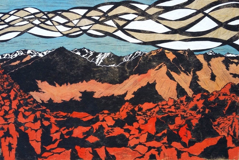May include: An abstract landscape print featuring a mountain range with snow-capped peaks under a blue sky. The foreground is a textured red, the middle ground is orange and black, and the sky has a cloud-like pattern.