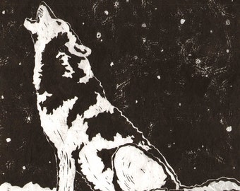 Wolf in Winter - Orignal Linocut (White or Red)