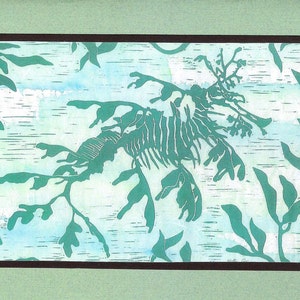 5 Handmade Leafy Sea Dragon Cards Turquoise or Sage Green image 1