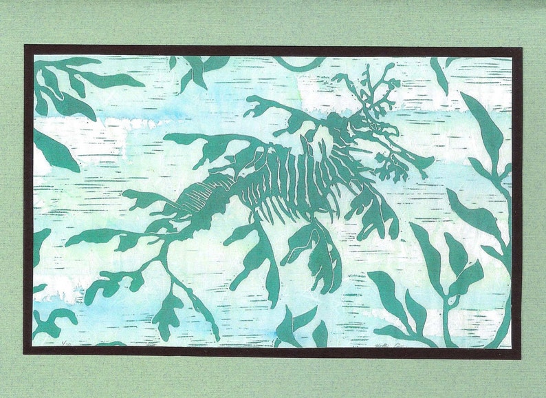 5 Handmade Leafy Sea Dragon Cards Turquoise or Sage Green image 1