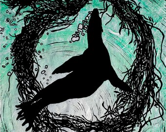 Sea Lion Silhouette - Original Linocut (Green or Blue)