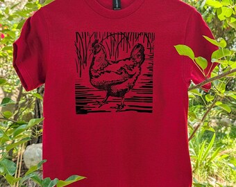 Hand-Printed Linocut Chicken T-Shirt in Red Unisex Adult Sizes