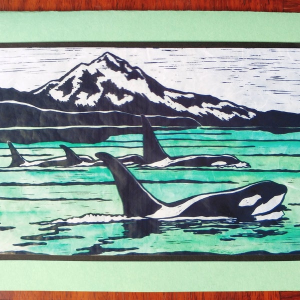 5 Handmade Orca Cards (Sage Green or Turquoise)