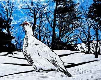 Ptarmigan in Snow - Original Linocut (Multiple Color Options)