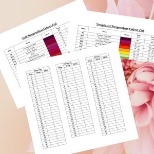 May include: Three printed sheets with temperature color lists and blank charts for recording data. The top sheet has a color gradient from dark purple to light pink. The other sheets have blank tables for recording daily temperatures.