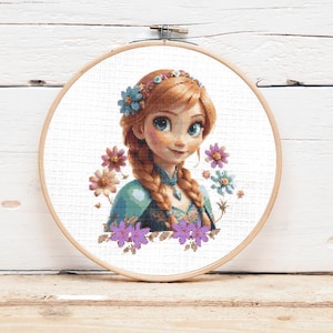 May include: A cross-stitch pattern featuring a portrait of a young woman with long red hair and a blue and green dress. She is surrounded by purple and pink flowers.