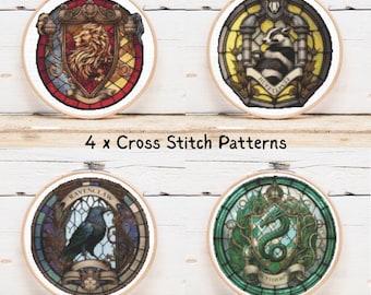 Stained Glass House Crests – Fantasy Cross Stitch Pattern Set (4 Designs)