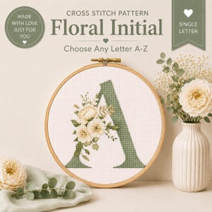 Sage Green Floral Monogram Cross Stitch Pattern | Botanical Alphabet Initial (PDF Download)