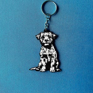 Border Terrier Silhouette Keyring, Gift for Pet Lovers / Dog Owners, Unique Animal Keychain, Black and White Keepsake with Steel Chain