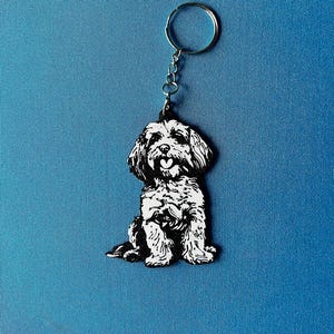 May include: A black and white dog keychain with a silver keyring and chain. The dog is sitting, with its tongue out, and has a fluffy appearance. The background is a solid blue.