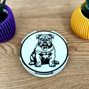 Bulldog Drinks Coaster Set Round Coaster Silhouette Gift for Dog Lovers Bulldog Owners Placemat for Animal Lovers Keepsake Set Of 4 & Holder