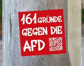 May include: A red square sticker with white text and a QR code is affixed to a metal pole. The text reads "161 GRÜNDE GEGEN DIE AFD". The sticker is in focus, while the background is blurred.