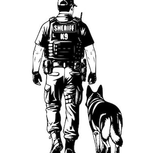 Könnte beinhalten: Schwarz-Weiß-Illustration eines Sheriffs und einer K9-Einheit. Der Sheriff trägt eine taktische Weste mit der Aufschrift "SHERIFF K9" auf dem Rücken. Ein Deutscher Schäferhund geht neben dem Beamten.