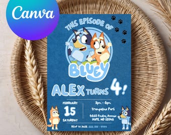 Invitación de cumpleaños de Bluey / Fiesta temática de Bluey / Plantilla editable de Canva / Descarga instantánea