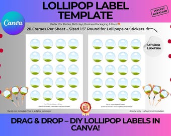 1.5” Lollipop Label Template – Canva Editable Circle Sticker – Candy Party Favor Tag – Round Label for Birthday, Business, or DIY Packaging