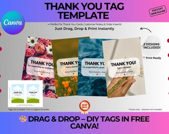 Thank You Tag Template – Editable Canva Thank You Note – Printable Small Business Insert – DIY Order Thank You Card – Drag & Drop Design