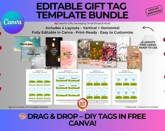 Editable Gift Tag Template Bundle | 4 Layouts | Canva DIY | Printable Tags for Gifts, Packaging, Small Biz