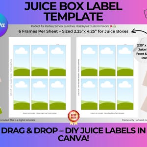 May include: A digital template for juice box labels. The design features six frames per sheet, each sized 5.7cm x 10.8cm, with a sky and landscape background. The template is designed for use in Canva and is suitable for parties and school lunches.